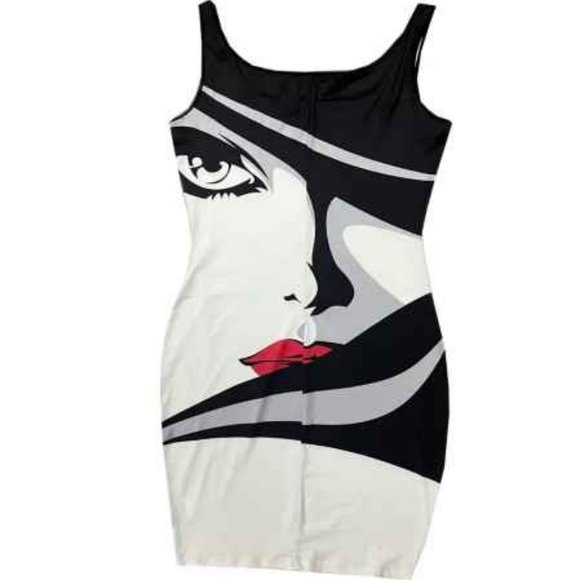 Sexy Sleeveless Bodycon Dress Size Large 8/10 Face Print Pattern Black & White - Picture 3 of 6
